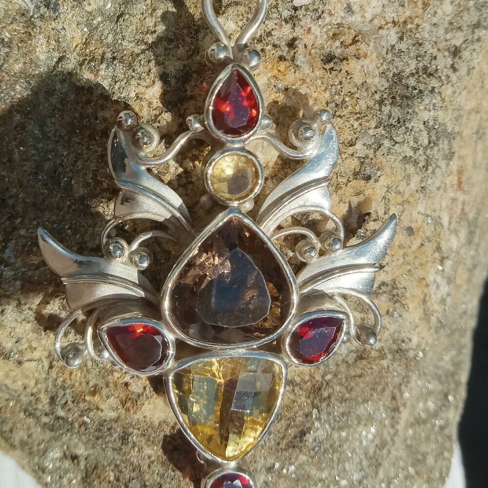 Gorgeous garnet, smoky quartz and citrine 925 Pendant